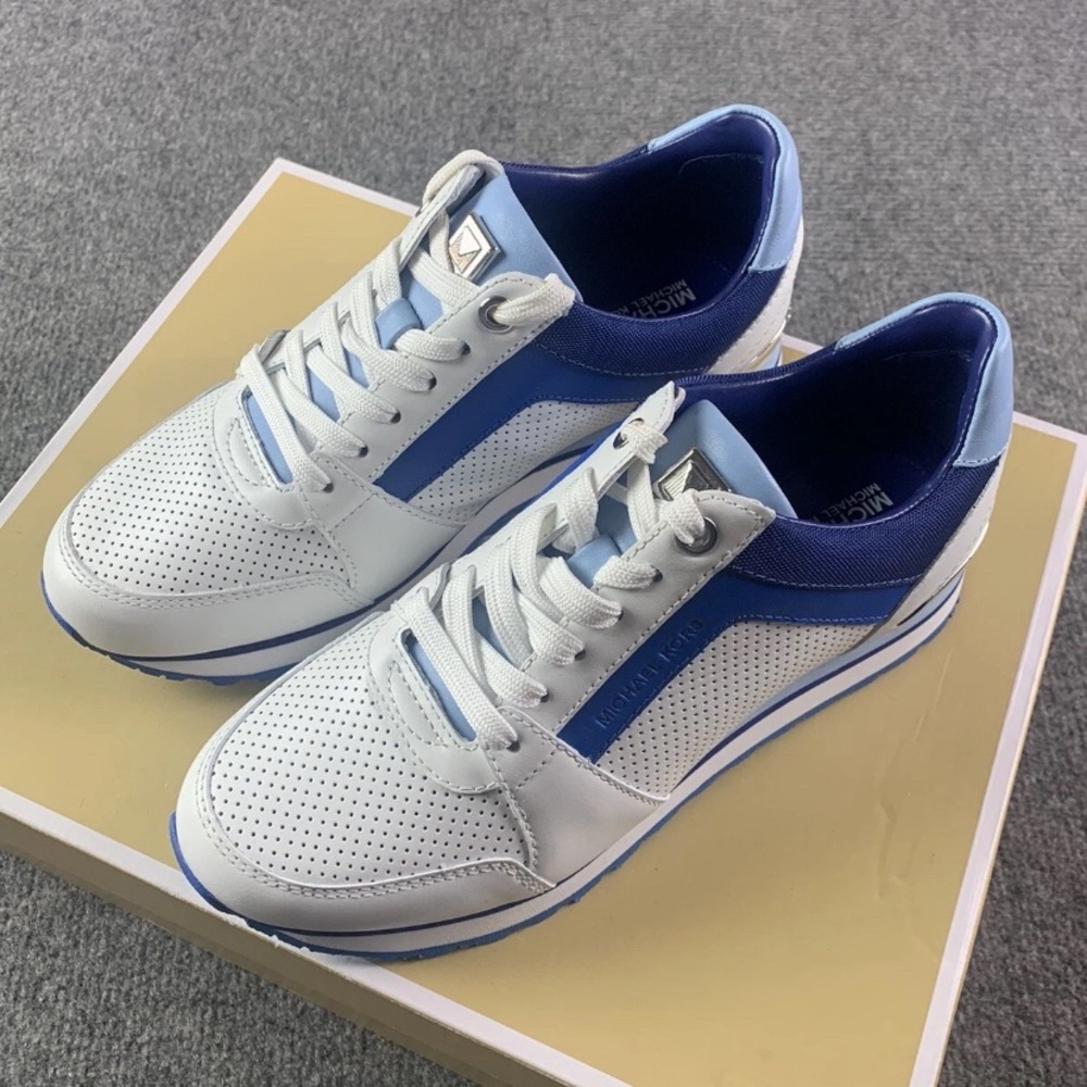 Michael Kors Billie Trainers Lasered Leather Womens Sneakers Size 6 White/Blue